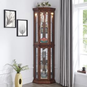 Corner Curio Cabinet with Lights, Adjustable Tempered Glass Shelves, Mirrored Back, Display Cabinet(E26 light bulb not included) (Color: Walnut)